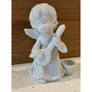 Goebel Angel playing mandolin‎ with wings white porcelain candle holder